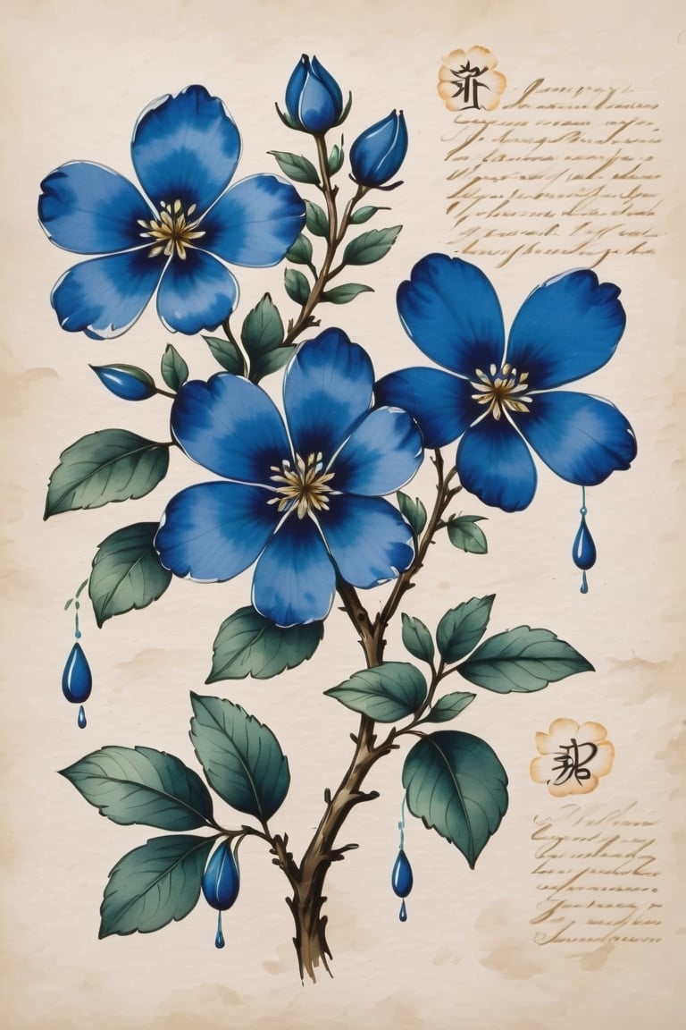 flower with 3 branches, blue petals, 5 petals, in each branch, 8k, unfinished ink,