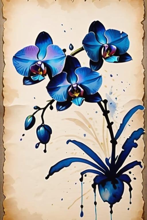 blue orchid with 5 petals in each flower, 8k, unfinished ink, crooked parchment paper