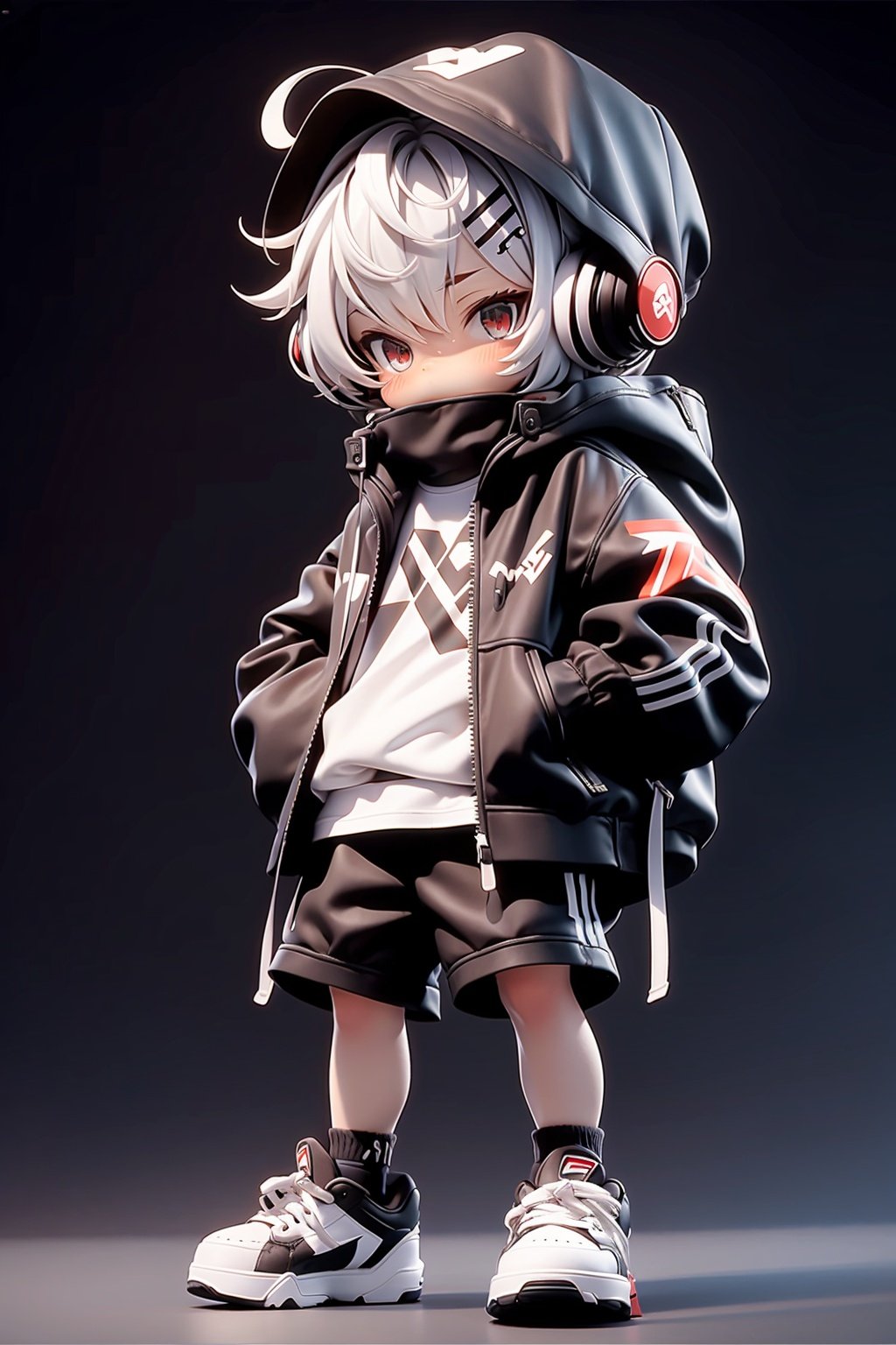 masterpiece,best quality,8K,1boy, male focus, solo, shorts, headphones, jacket, chibi, bag, shoes, brown eyes, white hair, full body, black shorts, bandaid, male child, looking at viewer, backpack, hood, standing, child, shirt, sneakers, short hair, black jacket, white shirt, grey background, closed mouth, open clothes, open jacket