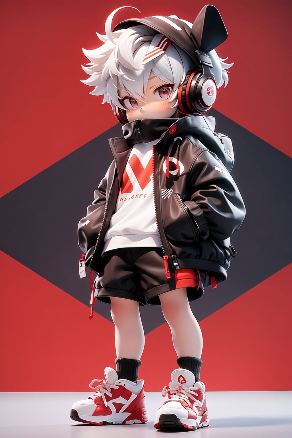 masterpiece,best quality,8K,1boy, male focus, solo, shorts, headphones, jacket, chibi, bag, shoes, brown eyes, white hair, full body, black shorts, bandaid, male child, looking at viewer, backpack, hood, standing, child, shirt, sneakers, short hair, black jacket, white shirt, grey background, closed mouth, open clothes, open jacket,red color