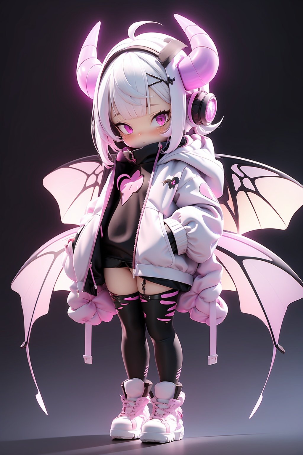 masterpiece, best quality, 8k, 1 girl, horns, tail, wings, crouching, solo, monster girl, white hair, bugs, monster tail, pink eyes, butterflies, looking at the audience, monster wings, gradient, long sleeves, gradient background, monster horns, thick coat, slit pupils, full body, simple background, pink ripped pants