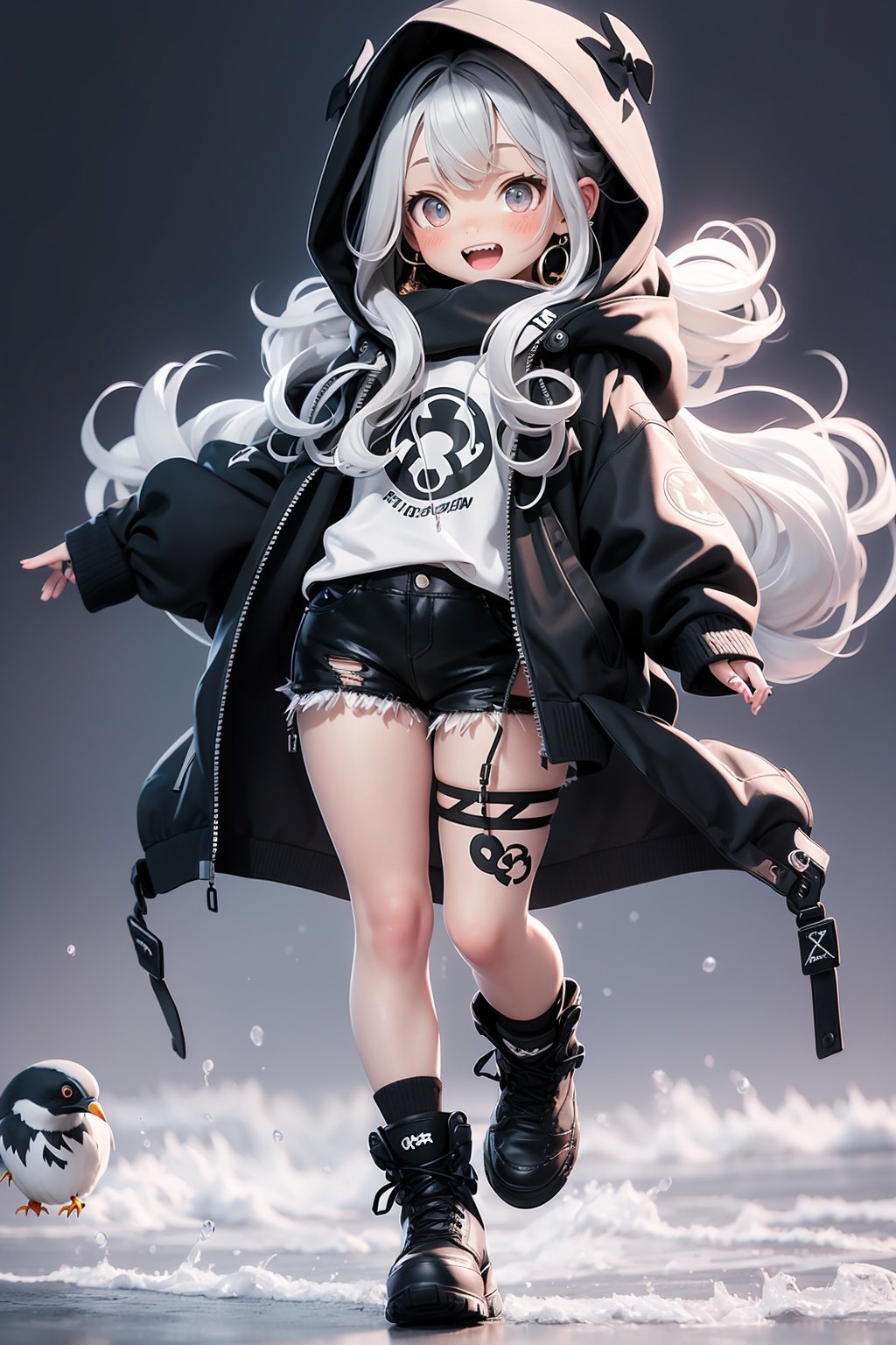 masterpiece,best quality,8K,pencil skirt,official art,ultra high res,1girl,solo,long hair,holding microphone,microphone,boots,jewelry,earrings,open mouth,shorts,black footwear,looking at viewer,holding,full body,smile,white hair,jacket,blush,black shorts,long sleeves,pigeon-toed,grey eyes,black jacket,hood,teeth,cross-laced footwear,wavy hair,shirt,female child,tattoo,curly hair,short shorts,