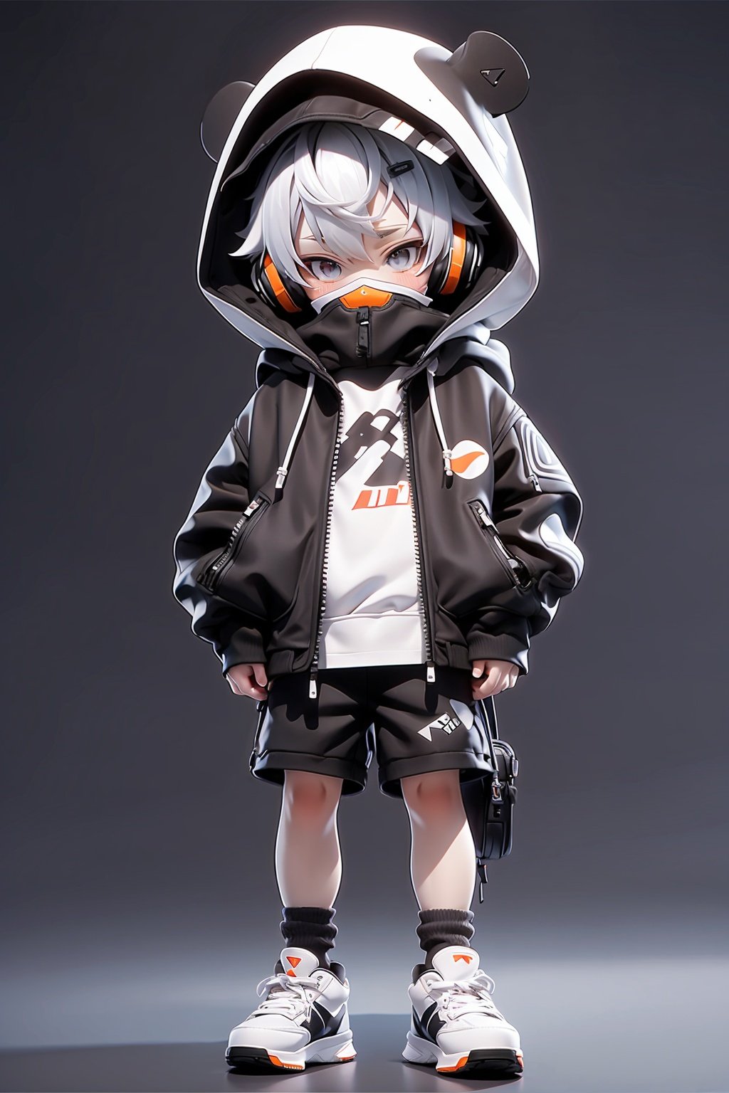 masterpiece,best quality,8K,1boy, male focus, solo, shorts, headphones, jacket, chibi, bag, shoes, brown eyes, white hair, full body, black shorts, bandaid, male child, looking at viewer, backpack, hood, standing, child, shirt, sneakers, short hair, black jacket, white shirt, grey background, closed mouth, open clothes, open jacket