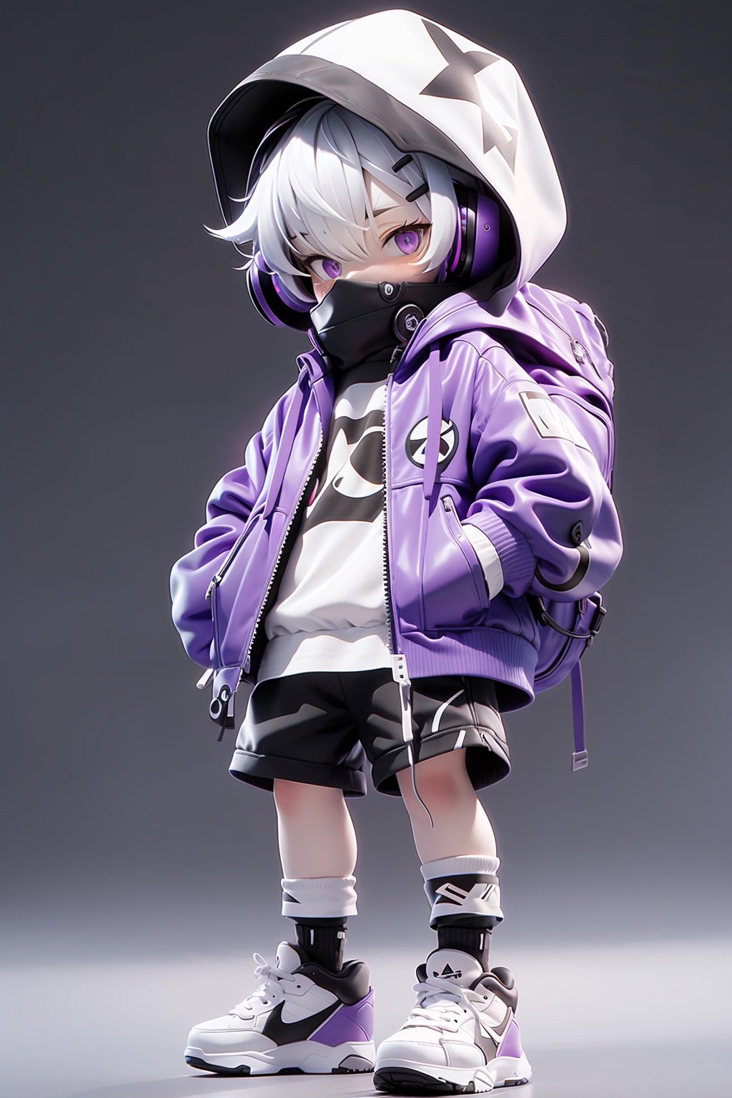 masterpiece,best quality,8K,1boy, male focus, solo, shorts, headphones, jacket, chibi, bag, shoes, brown eyes, white hair, full body, black shorts, bandaid, male child, looking at viewer, backpack, hood, standing, child, shirt, sneakers, short hair, black jacket, white shirt, grey background, closed mouth, open clothes, open jacket,violet color