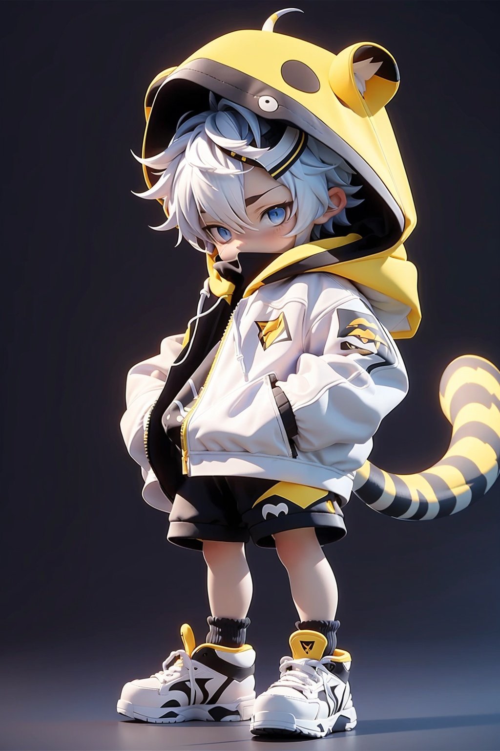 masterpiece,best quality,8K,1boy, male focus, tail, animal ears, male child, tiger tail, white hair, looking at viewer, solo, hood, tiger ears, shorts, child, blue eyes, full body, tiger boy, short hair, jacket, shoes, long sleeves, closed mouth, standing,front view