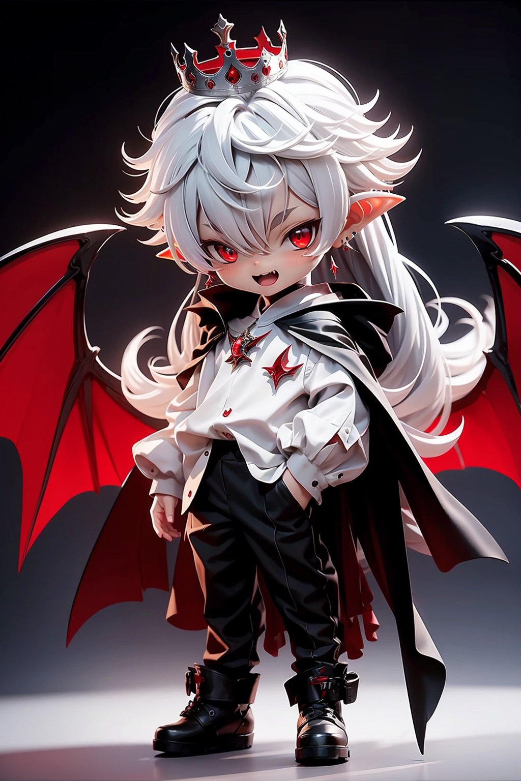 1boy, red eyes, male focus, crown, pointy ears, vampire,chibi, solo, wings, cape, white hair, jewelry, earrings, red footwear, long hair,pants, white gloves,black cape, shirt, smile, white shirt, looking at viewer, mini crown, black pants, gradient background, fang, standing, gradient, open mouth, red wings, blood, black background, full body