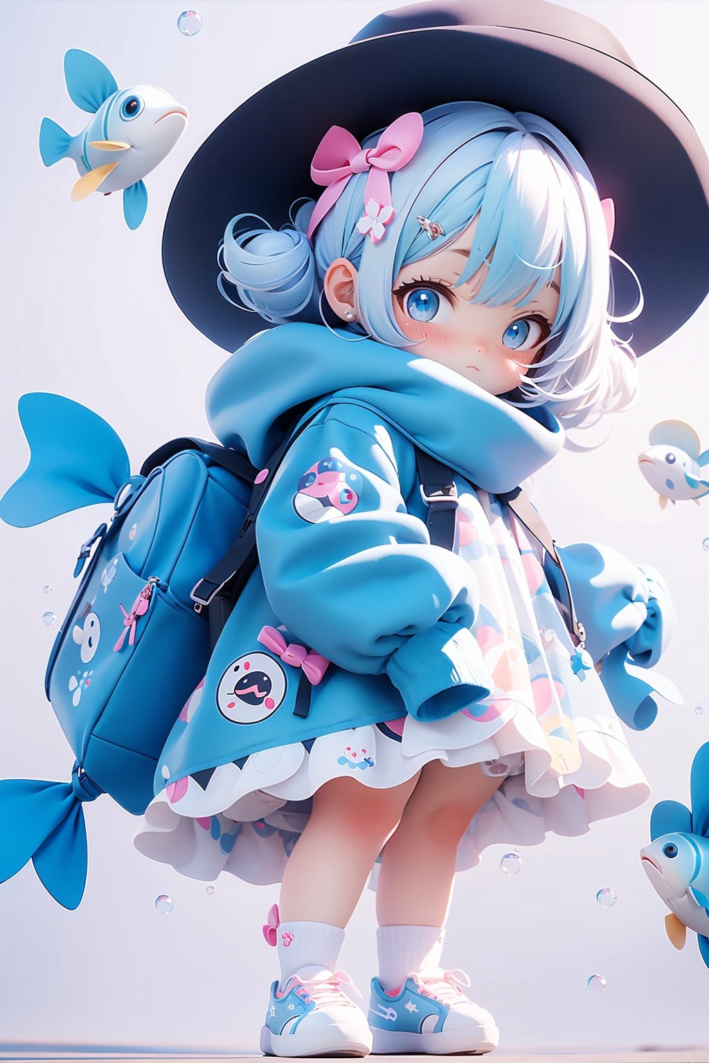 masterpiece,best quality,8K,1girl, hair ornament, bag, blue eyes, long sleeves, full body, bow, looking at viewer, dress, bangs, bubble, scarf, hat, white hair, blush, blue hair, standing, hairclip, fish, puffy long sleeves, jacket, white dress, white bow, fish hair ornament, backpack, hair between eyes, blue bow, socks, sleeves past wrists, holding,simple background, 