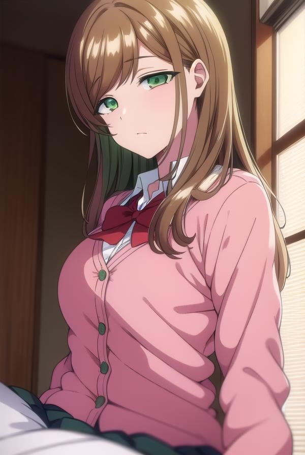 minakosanada, <lora:minakosanada-lora-nochekaiser:1>, minako sanada, long hair, brown hair, (green eyes:1.5),BREAK long sleeves, bow, school uniform, bowtie, red bow, cardigan, pink cardigan,BREAK looking at viewer,BREAK indoors, classroom,BREAK <lora:GoodHands-vanilla:1>, (masterpiece:1.2), best quality, high resolution, unity 8k wallpaper, (illustration:0.8), (beautiful detailed eyes:1.6), extremely detailed face, perfect lighting, extremely detailed CG, (perfect hands, perfect anatomy),