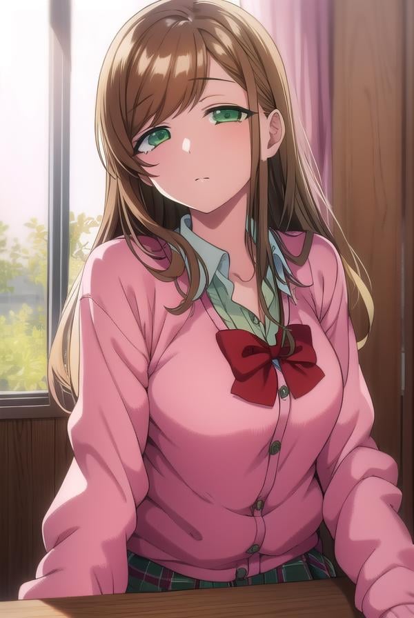 minakosanada, <lora:minakosanada-lora-nochekaiser:1>, minako sanada, long hair, brown hair, (green eyes:1.5),BREAK long sleeves, bow, school uniform, bowtie, red bow, cardigan, pink cardigan,BREAK looking at viewer,BREAK indoors, classroom,BREAK <lora:GoodHands-vanilla:1>, (masterpiece:1.2), best quality, high resolution, unity 8k wallpaper, (illustration:0.8), (beautiful detailed eyes:1.6), extremely detailed face, perfect lighting, extremely detailed CG, (perfect hands, perfect anatomy),