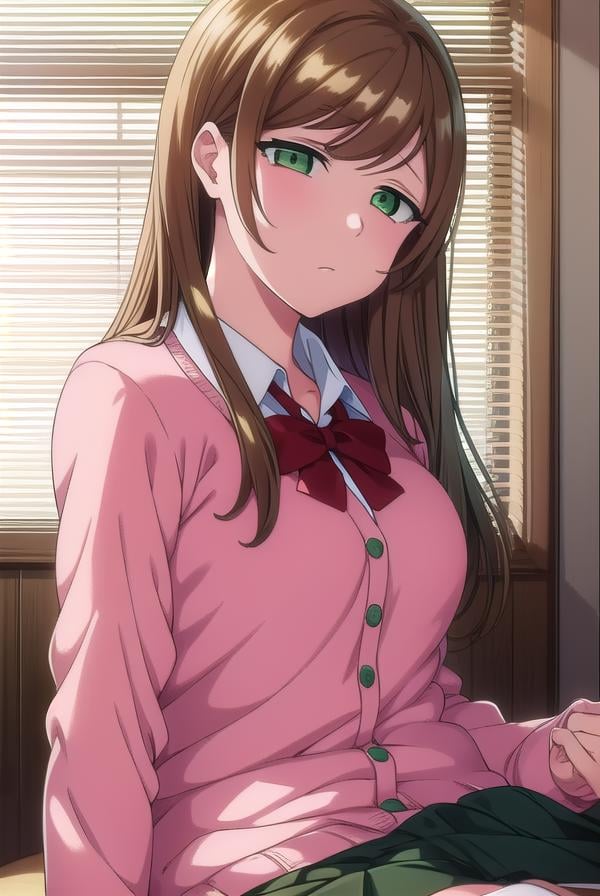 minakosanada, <lora:minakosanada-lora-nochekaiser:1>, minako sanada, long hair, brown hair, (green eyes:1.5),BREAK long sleeves, bow, school uniform, bowtie, red bow, cardigan, pink cardigan,BREAK looking at viewer,BREAK indoors, classroom,BREAK <lora:GoodHands-vanilla:1>, (masterpiece:1.2), best quality, high resolution, unity 8k wallpaper, (illustration:0.8), (beautiful detailed eyes:1.6), extremely detailed face, perfect lighting, extremely detailed CG, (perfect hands, perfect anatomy),