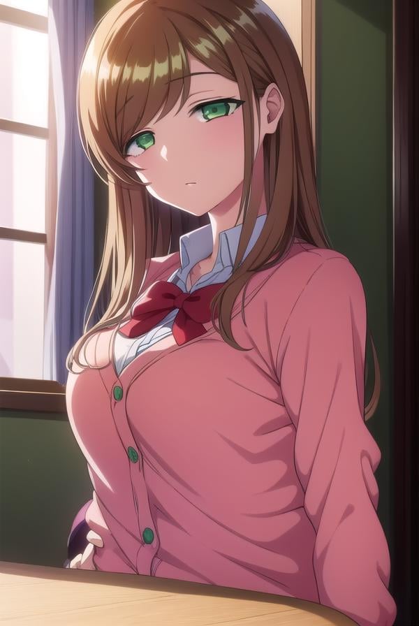 minakosanada, <lora:minakosanada-lora-nochekaiser:1>, minako sanada, long hair, brown hair, (green eyes:1.5),BREAK long sleeves, bow, school uniform, bowtie, red bow, cardigan, pink cardigan,BREAK looking at viewer,BREAK indoors, classroom,BREAK <lora:GoodHands-vanilla:1>, (masterpiece:1.2), best quality, high resolution, unity 8k wallpaper, (illustration:0.8), (beautiful detailed eyes:1.6), extremely detailed face, perfect lighting, extremely detailed CG, (perfect hands, perfect anatomy),