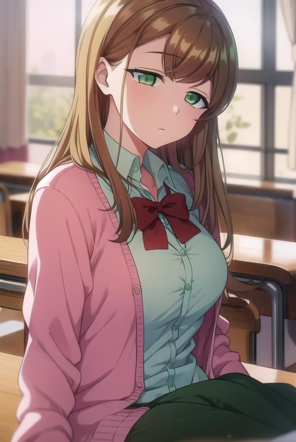 minakosanada, <lora:minakosanada-lora-nochekaiser:1>, minako sanada, long hair, brown hair, (green eyes:1.5),BREAK long sleeves, bow, school uniform, bowtie, red bow, cardigan, pink cardigan,BREAK looking at viewer,BREAK indoors, classroom,BREAK <lora:GoodHands-vanilla:1>, (masterpiece:1.2), best quality, high resolution, unity 8k wallpaper, (illustration:0.8), (beautiful detailed eyes:1.6), extremely detailed face, perfect lighting, extremely detailed CG, (perfect hands, perfect anatomy),