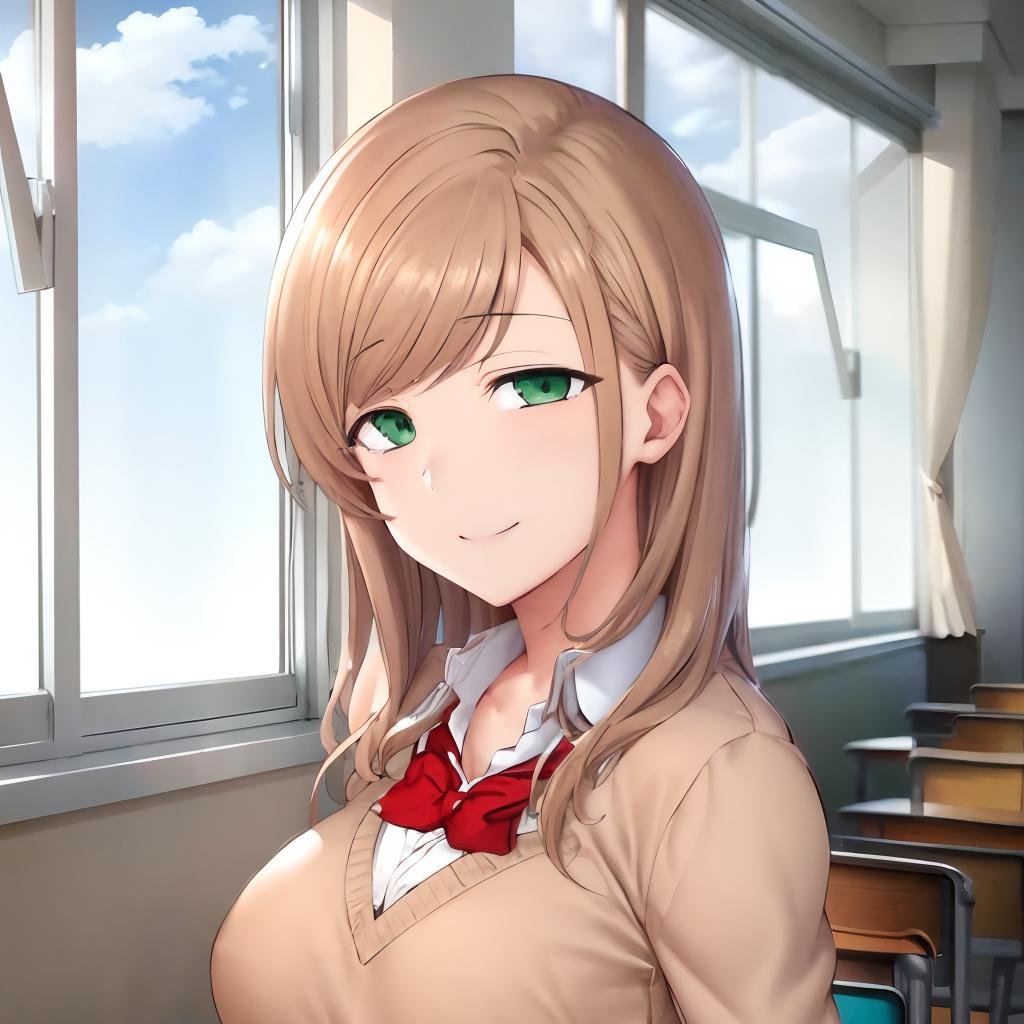 sanada_minakov, blonde hair, long hair, <lora:sanada_minakov1:0.7> school uniform, classroom, day, window, sky, green eyes, large breasts, evil smile, standing, facing viewer, upper body,, masterpiece, best quality