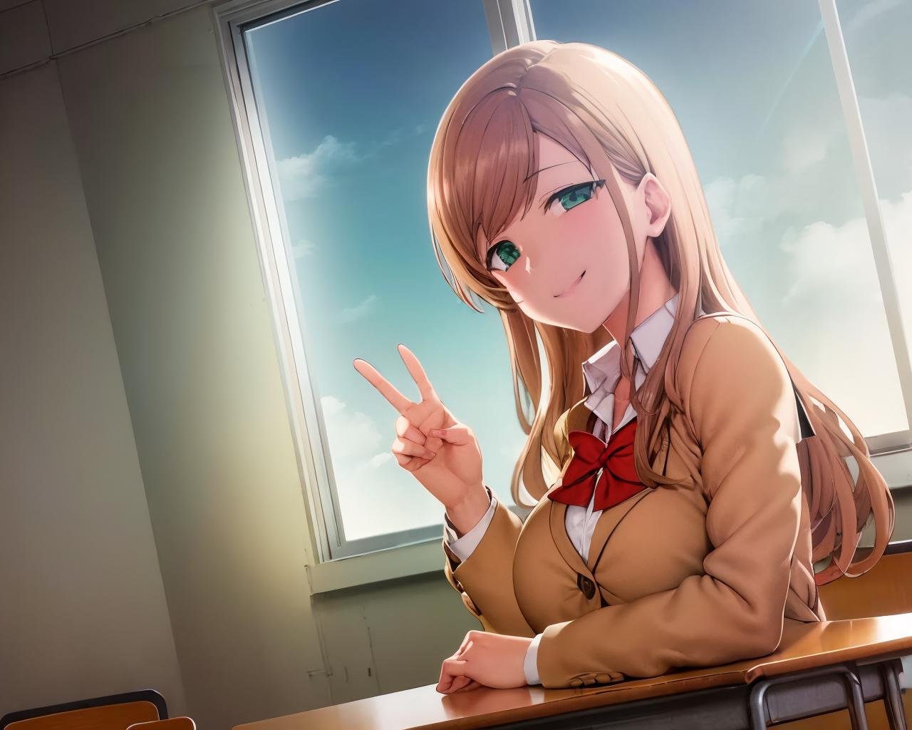 sanada_minakov, blonde hair, long hair, <lora:sanada_minakov1:0.7> school uniform, classroom, day, window, sky, green eyes, large breasts, smile, masterpiece, best quality