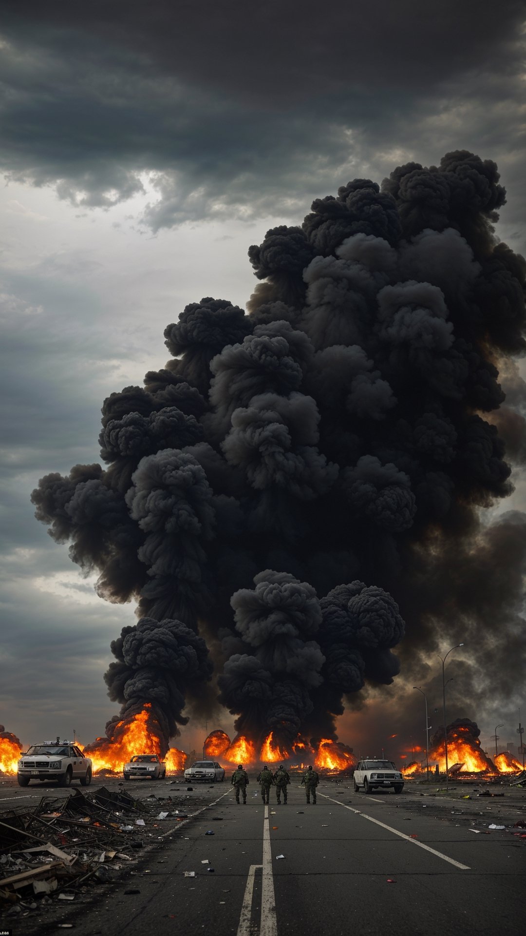 A heartbreaking photo shows a Brazilian urban landscape in complete decay. The streets are filled with chaos, with abandoned cars, ruined buildings and debris everywhere. In the background, the sky is covered by a dense cloud of smoke, indicating fires and destruction. In the foreground, a group of survivors improvised barricades and armed themselves to face the approaching zombie threat. They look tensely and determinedly towards the horizon, ready to fight for their survival in the midst of the apocalypse. The image conveys the dark and challenging atmosphere that Brazilian survivors face in the face of the unimaginable.