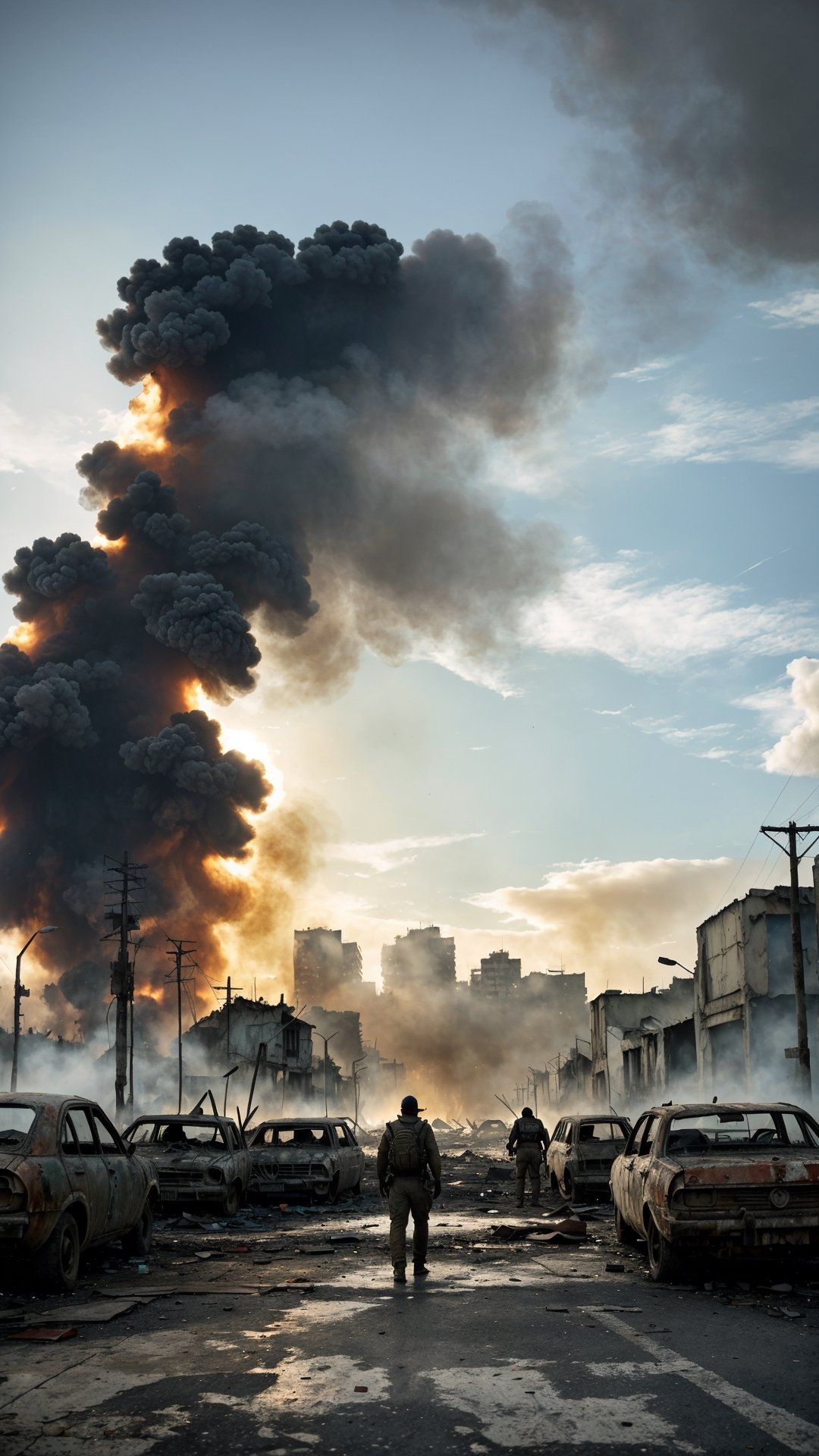 A heartbreaking photo shows a Brazilian urban landscape in complete decay. The streets are filled with chaos, with abandoned cars, ruined buildings and debris everywhere. In the background, the sky is covered by a dense cloud of smoke, indicating fires and destruction. In the foreground, a group of survivors improvised barricades and armed themselves to face the approaching zombie threat. They look tensely and determinedly towards the horizon, ready to fight for their survival in the midst of the apocalypse. The image conveys the dark and challenging atmosphere that Brazilian survivors face in the face of the unimaginable.