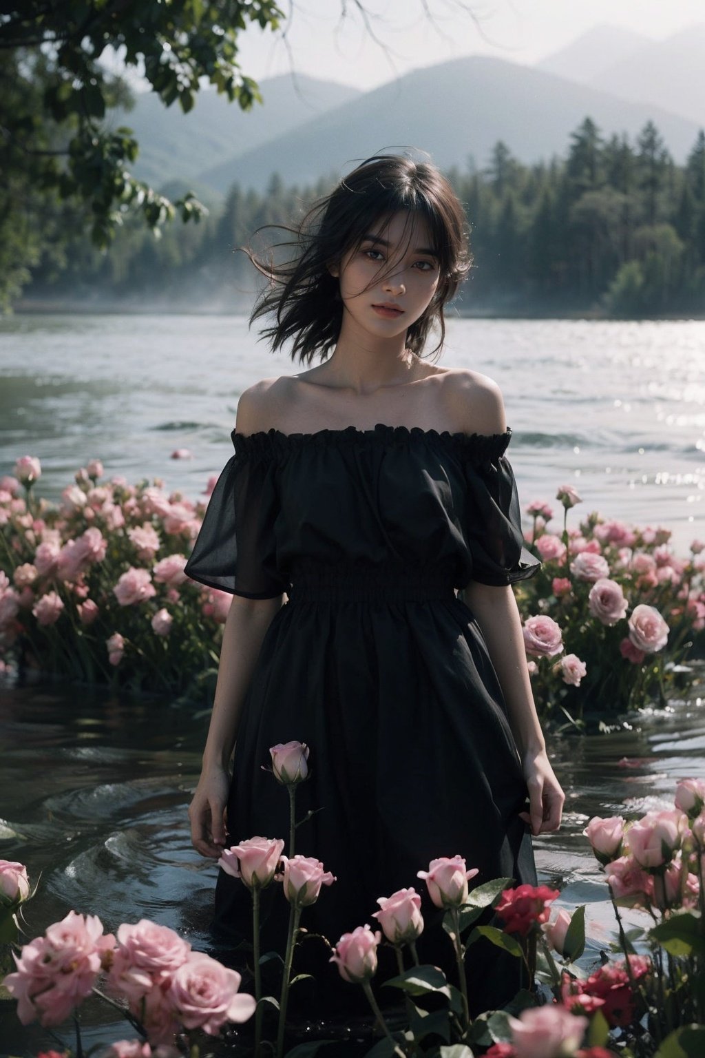 (Masterpiece, best quality), (Upper body: 1.2), 1 girl, beautiful eyes, black hair, messy hair, off shoulder, blue dress, (standing in the water), damp clothes, looking at the audience, female focus, (surrounded by flowers: 1.2), haze, gray, looking up, vivid emotions, dim photos, ultra high definition, high resolution, very detailed, best quality, cinematic lighting, ultra detail, 8k, Hyperdetail