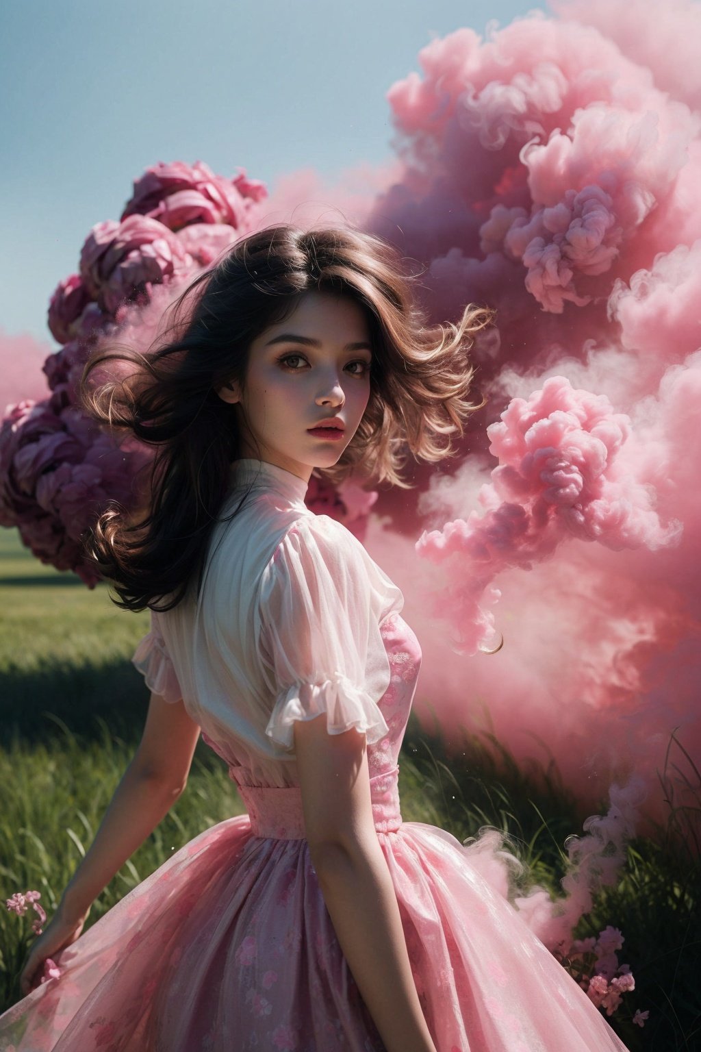 (Representative work, best quality), (1 girl), brown eyes, black hair, messy long hair, standing on the grass, white dress, (background is pink smoke: 1.2), pink clouds, blue sky, hazy weather, (hazy feeling), wide-angle lens, ultra high definition, high resolution, very detailed, best quality, clear theme, ultra realistic, ultra detailed