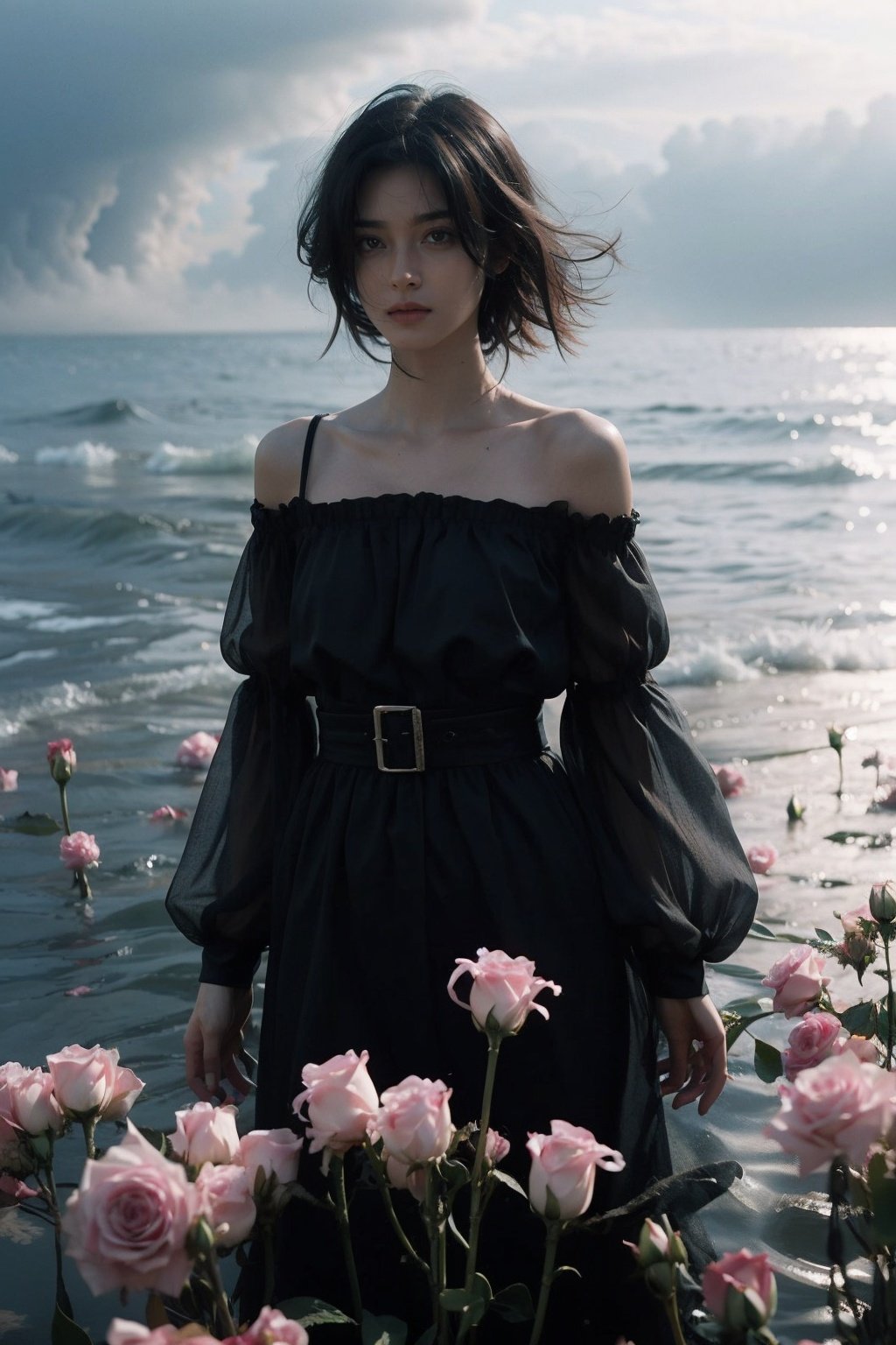 (Masterpiece, best quality), (Upper body: 1.2), 1 girl, beautiful eyes, black hair, messy hair, off shoulder, blue dress, (standing in the water), damp clothes, looking at the audience, female focus, (surrounded by flowers: 1.2), haze, gray, looking up, vivid emotions, dim photos, ultra high definition, high resolution, very detailed, best quality, cinematic lighting, ultra detail, 8k, Hyperdetail