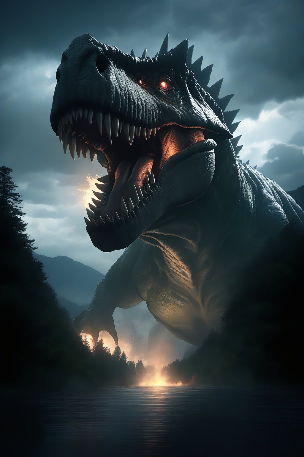 Hyperrealistic art BJ_Sacred_beast, T-rex, open_mouth, outdoors, sky, teeth, cloud, water, tree, no_humans, saliva, glowing, cloudy_sky, fire, sharp_teeth, nature, glowing_eyes, forest, monster, giant, kaijuu, godzilla,cinematic lighting,strong contrast,high level of detail,Best quality,masterpiece,White background,<lora:SDXL_Sacred_beast:0.6>, . Extremely high-resolution details, photographic, realism pushed to extreme, fine texture, incredibly lifelike