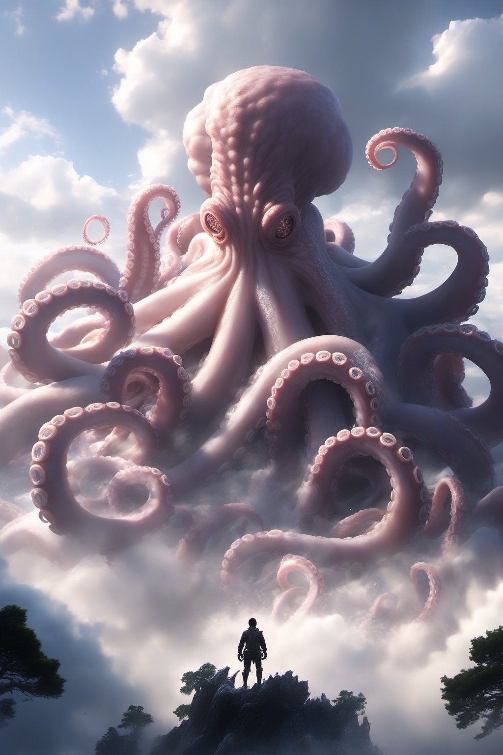 Hyperrealistic art BJ_Sacred_beast,octopus,outdoors,sky,day,cloud,tree,no_humans,scenery,tentacles,monster,giant,cinematic lighting,strong contrast,high level of detail,Best quality,masterpiece,White background,<lora:SDXL_Sacred_beast:0.7>, . Extremely high-resolution details, photographic, realism pushed to extreme, fine texture, incredibly lifelike