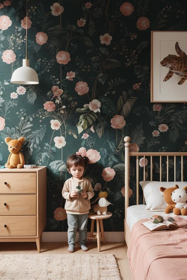 childreninterior, animals, doll, red, green wallpaper with animal, realistic, bedroom with slider, stuffed toy, morning, cute, <lora:ARWchildreninterior:1>