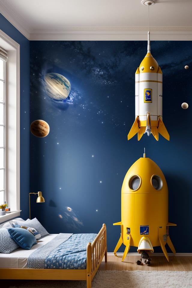 childreninterior, toodler, 1boy, blue wallpaper with planet rocket astronaut, realistic, bedroom with slider, stuffed toy, morning, cute, <lora:ARWchildreninterior:1>