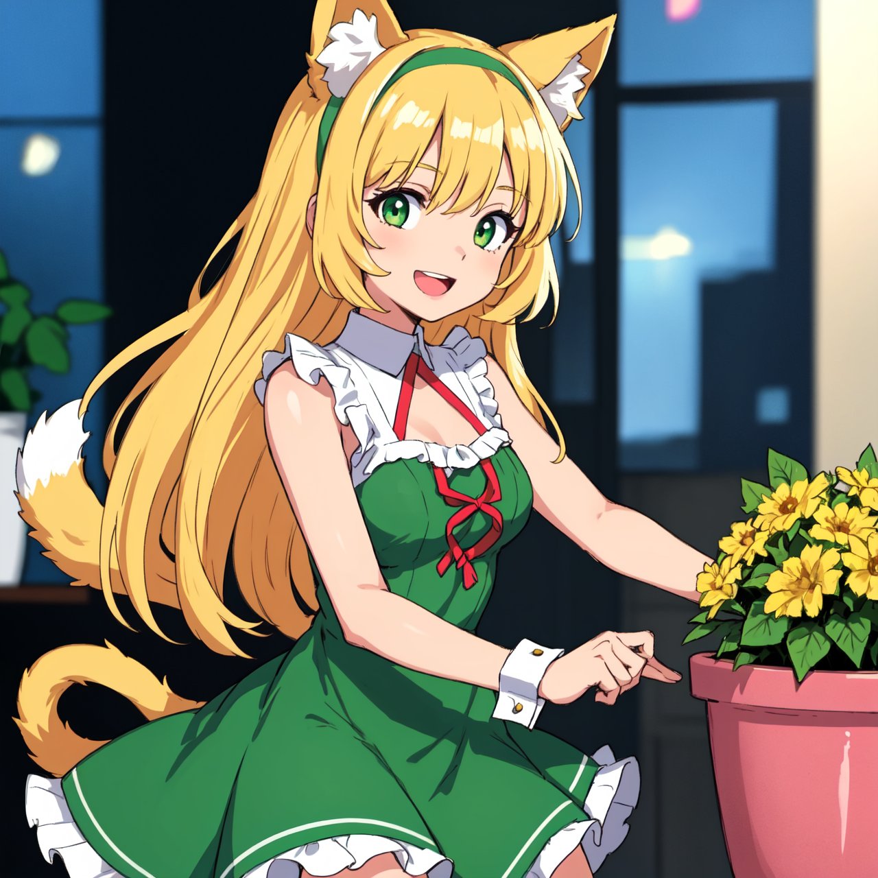 1girl, :d, animal ear fluff, animal ears, bangs, black hairband, blonde hair, blurry, blurry background, depth of field, dress, flower, flower pot, frilled dress, frills, green dress, green eyes, hairband, holding, long hair, open mouth, pink flower, plant, potted plant, sketch, sleeveless, sleeveless dress, smile, solo, tail, wrist cuffs, yellow flower, 1980s (style)
