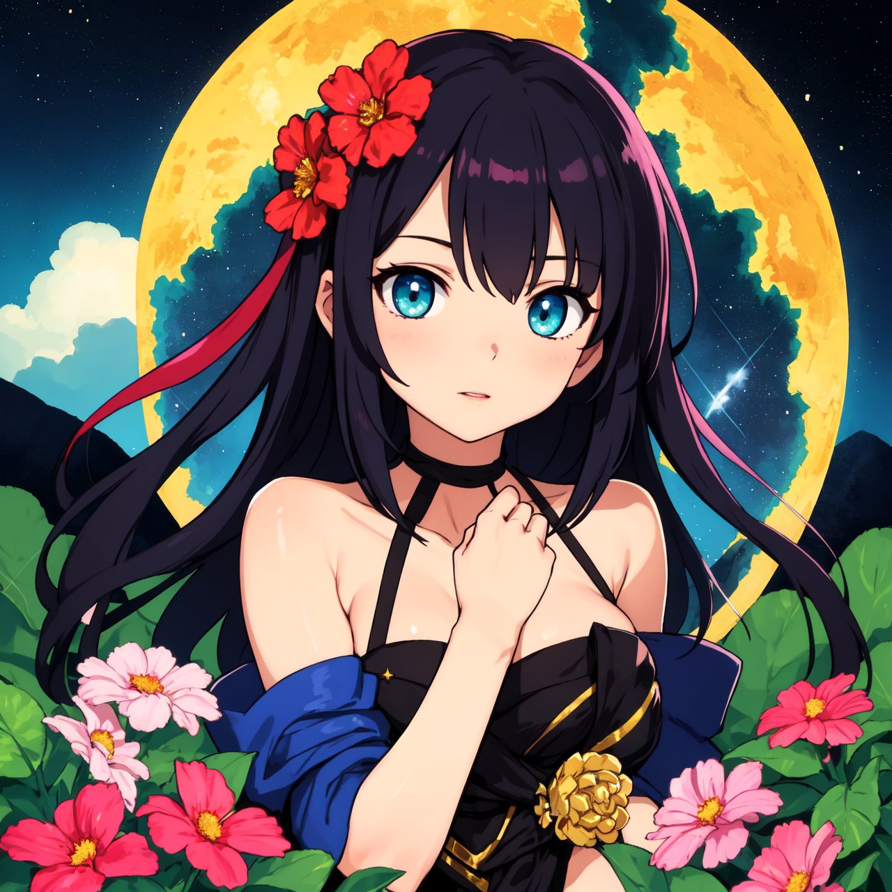 top quality, high_resolution, distinct_image, detailed background, girl, flower, garden, starry sky,
