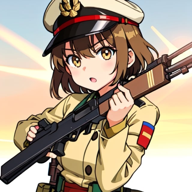 Military uniform  light brown a girl  japanese commander with a gun in hands