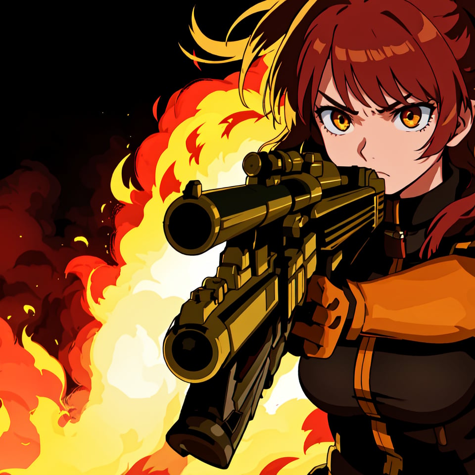 best quality,ultra-detailed,realistic:1.37,highres,masterpiece:1.2,portrait,a girl with an gun in her hand,detailed facial features,strong expression,intense gaze,dark and moody lighting,gritty atmosphere,high contrast,sharp focus,bold colors,metallic texture on the gun,lush background with trees and bushes,explosions in the distance,smoke and fire in the air,action-packed scene,aggressive stance,confident and fearless demeanor 