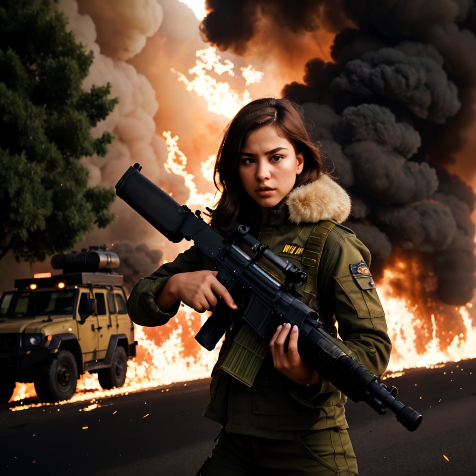 best quality,ultra-detailed,realistic:1.37,highres,masterpiece:1.2,portrait,a girl with an AK47 gun in her hand,detailed facial features,strong expression,intense gaze,dark and moody lighting,gritty atmosphere,high contrast,sharp focus,bold colors,metallic texture on the gun,lush background with trees and bushes,explosions in the distance,smoke and fire in the air,action-packed scene,aggressive stance,confident and fearless demeanor 