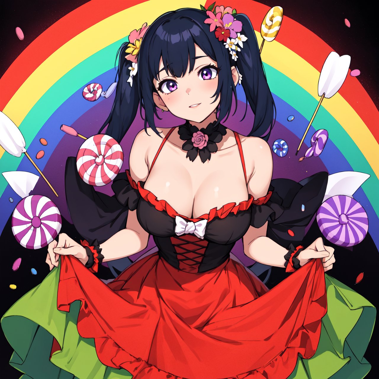 masterpiece, best quality,1girl,gothgal,frilly dress 8k,highres, ( flower_styler:1.2)(rainbow-candy:1.2)