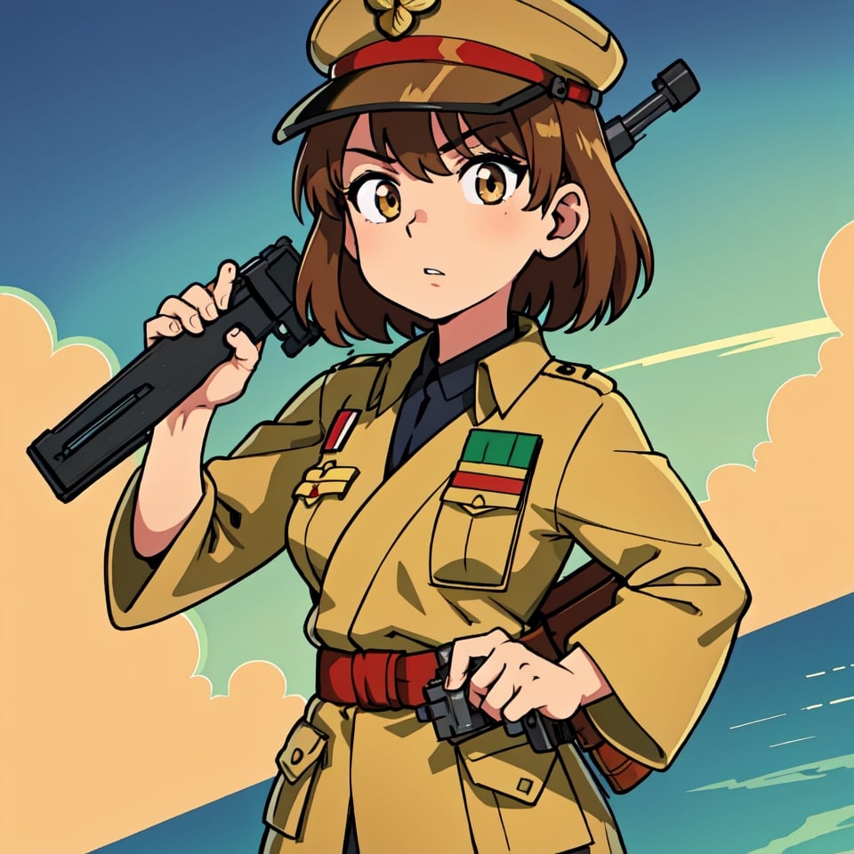 Military uniform  light brown a girl  japanese commander with a gun in hands