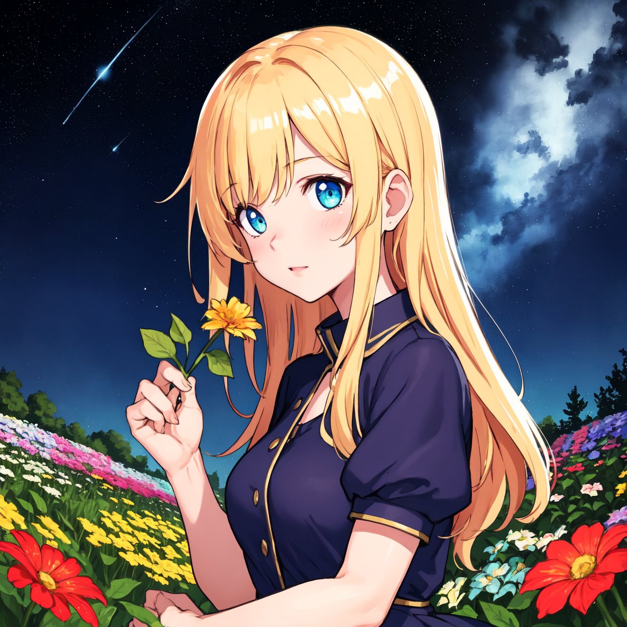 top quality, high_resolution, distinct_image, detailed background, girl, flower, garden, starry sky,