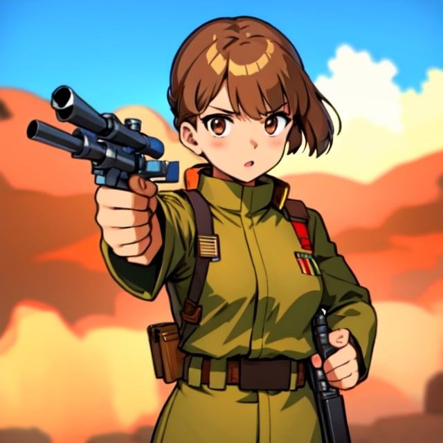 Military uniform  light brown a girl  japanese commander with a gun in hands