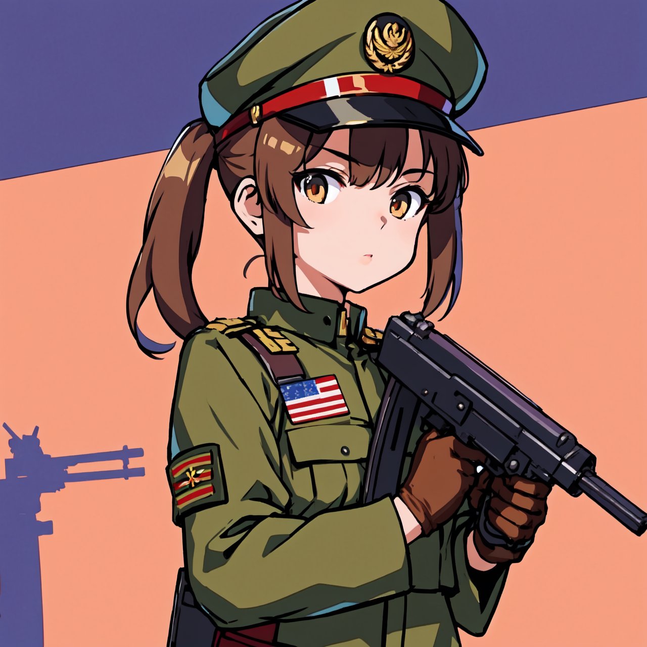 Military uniform  light brown a girl  japanese commander with a gun in hands