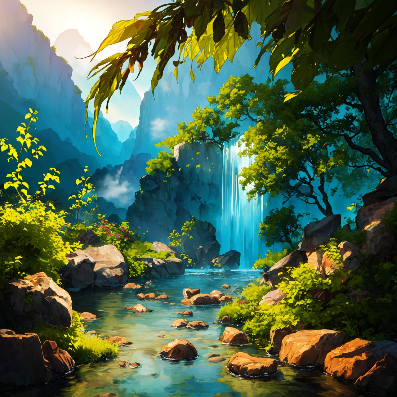 (Masterpiece, Best Quality, High Quality, Highres:1.4), Detailed, Extremely Detailed, Ambient Soft Lighting, 4K,Blurry, Blurry Background, Depth of Field, Bokeh, DOF, Fog, Bloom, Outdoors, (Nature, tropical forest:1.2), (Rocks:1.2), Mountais, Plants, waterfall,