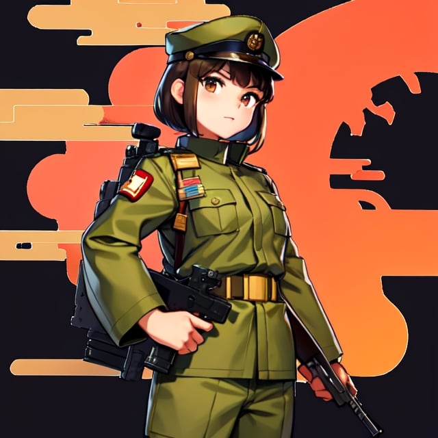 Military uniform  light brown a girl  japanese commander with a gun in hands