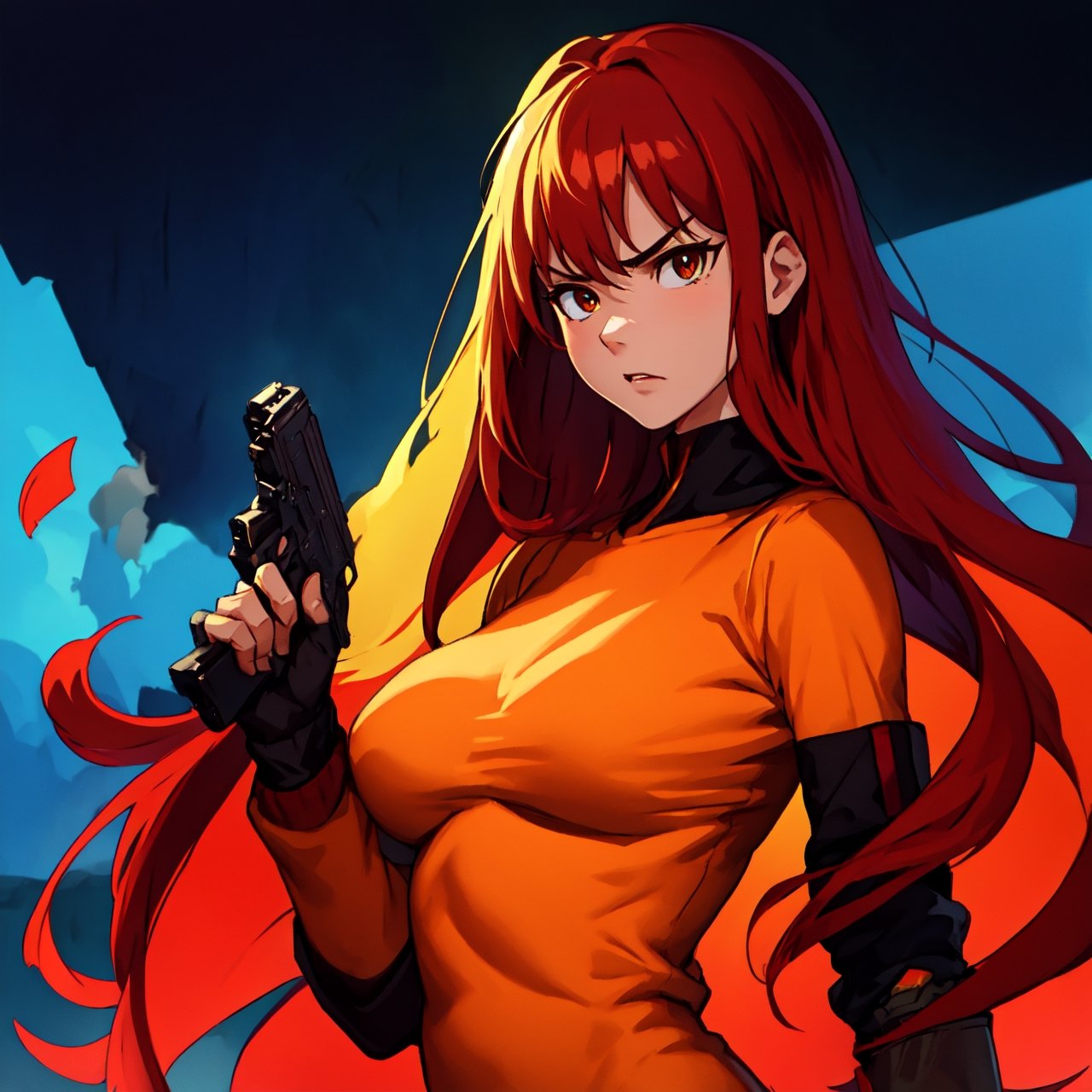 best quality,ultra-detailed,realistic:1.37,highres,masterpiece:1.2,portrait,a girl with an AK47 gun in her hand,detailed facial features,strong expression,intense gaze,dark and moody lighting,gritty atmosphere,high contrast,sharp focus,bold colors,metallic texture on the gun,lush background with trees and bushes,explosions in the distance,smoke and fire in the air,action-packed scene,aggressive stance,confident and fearless demeanor