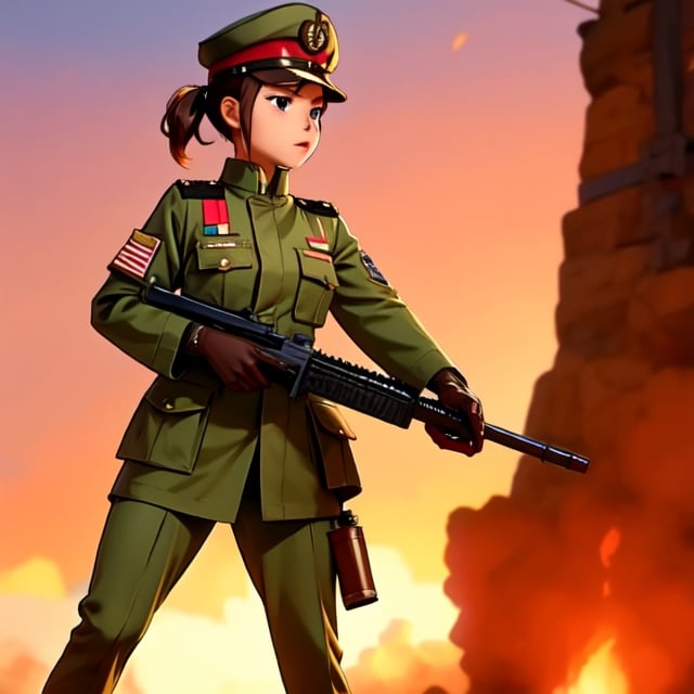 Military uniform  light brown a girl  japanese commander with a gun in hands