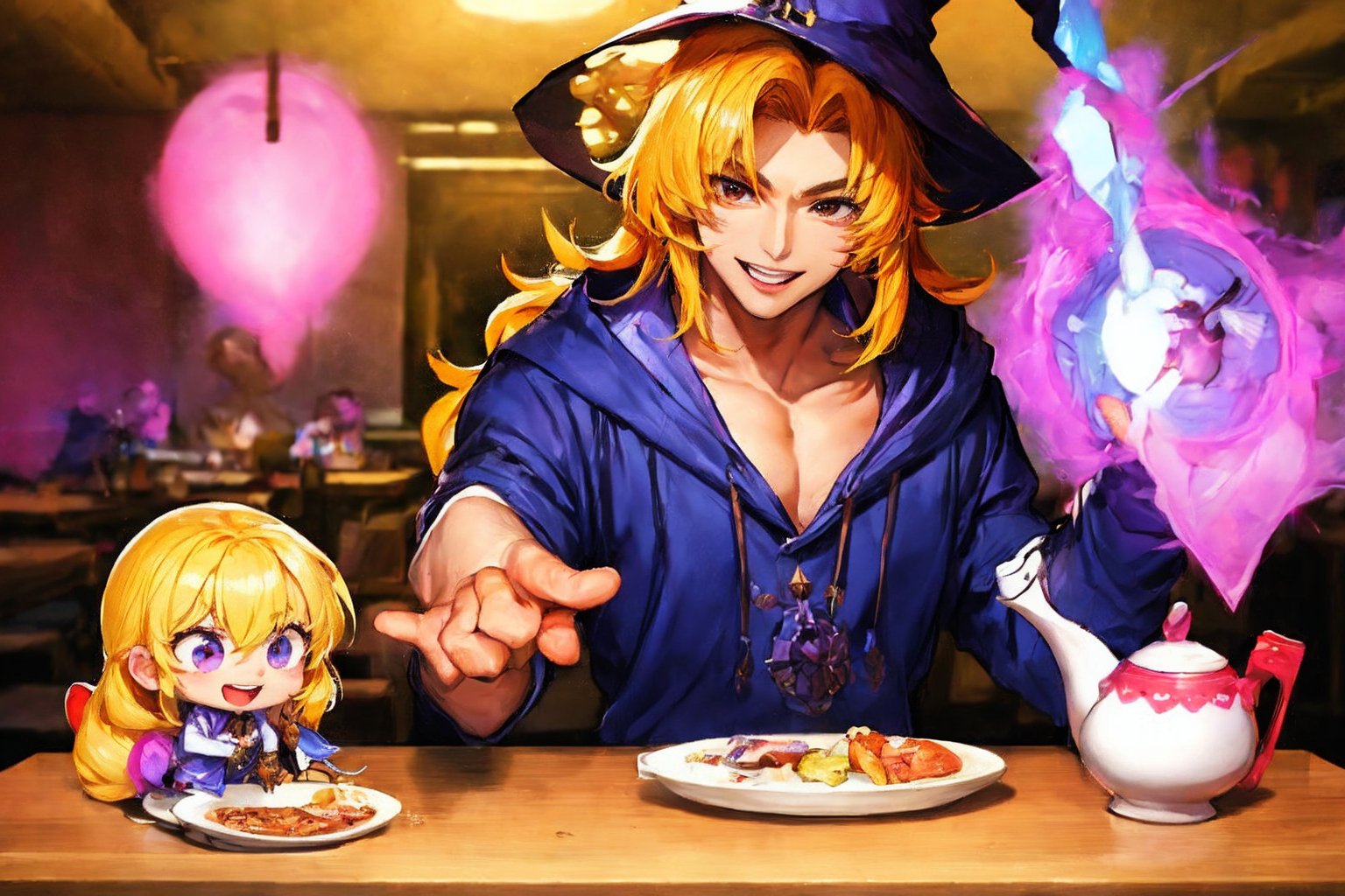 Masterpiece, best quality, chibi, wizard tea party, handsome male witch, beautiful witch, happy, vibrant, colorfu