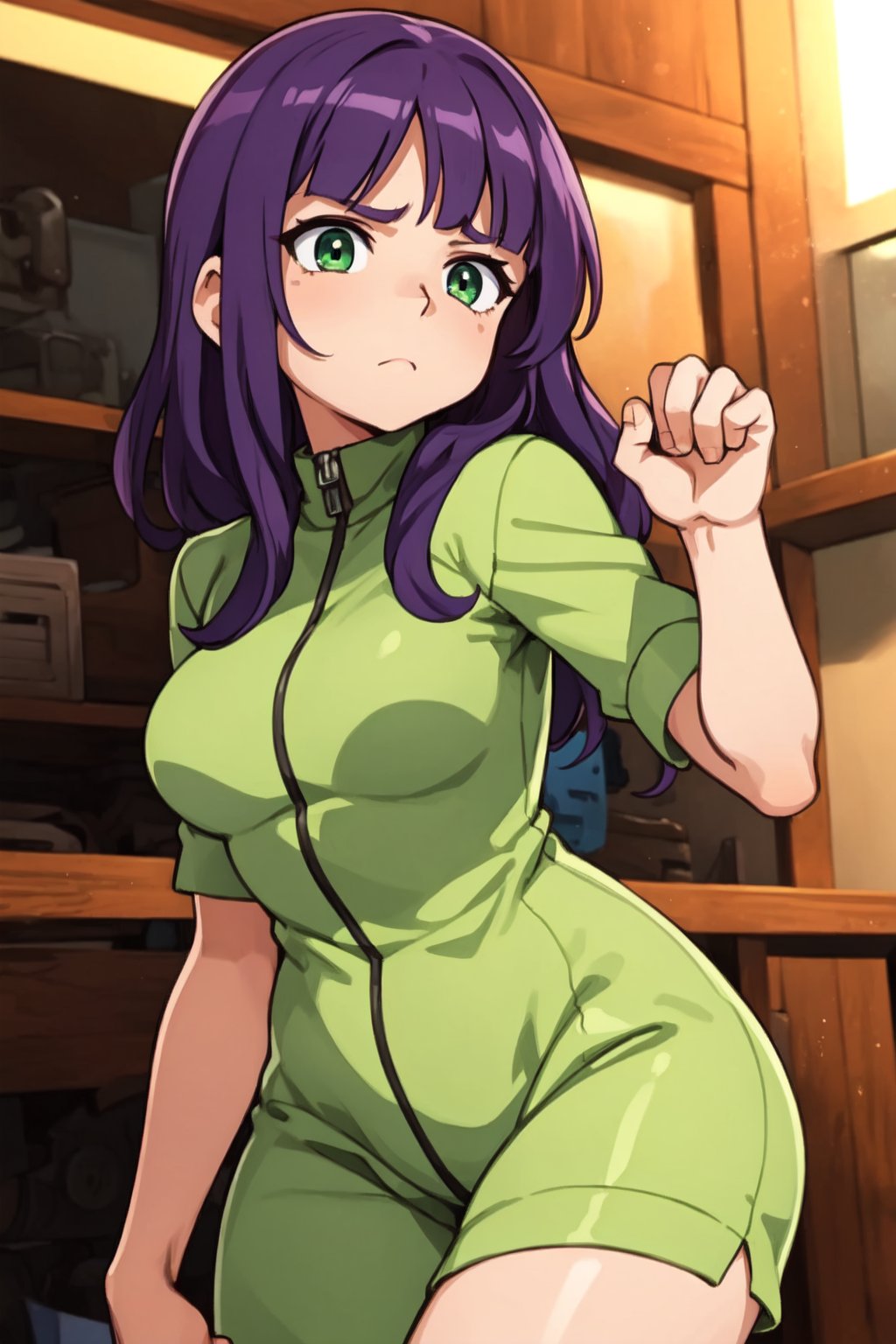 2d,  masterpiece,  best quality,  anime,  highly detailed,  masterpiece  Girl in combenison, Chernobyl exclusion zone, S.T.A.L.K.E.R, purple hair, green eyes, scar above her left eyebrow, unarmed, five fingers on her left hand, five fingers on her right hand, sad.