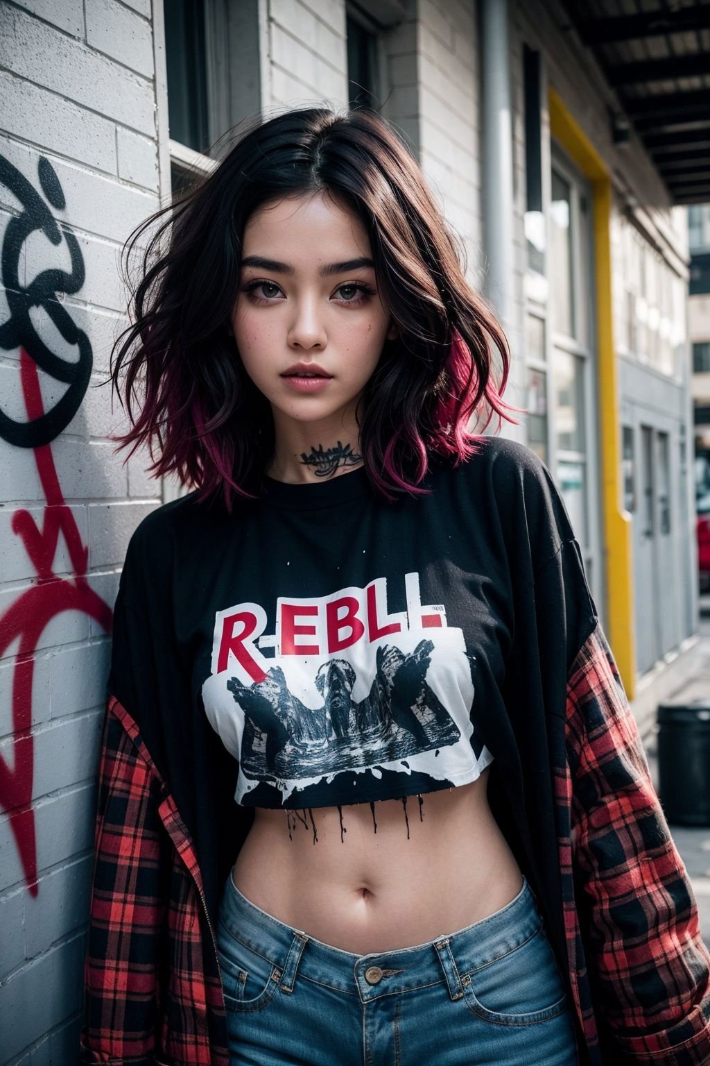 upper body portrait, raw essence of a tattoed street style icon, drenched in rebellious energy, wearing oversized flannel shirt, vibrant graffiti as backdrop, edgy fashion, sense, confident gaze, colorful hair, light beams streaming through haze