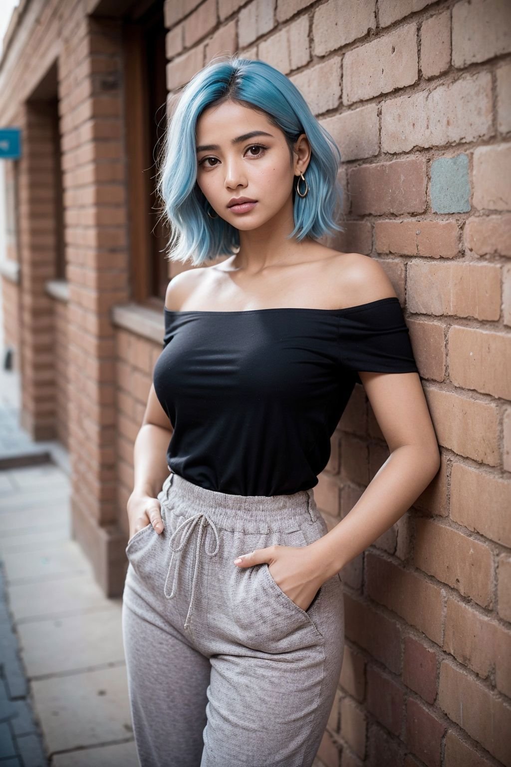 beauty photo, high angle amateur photo of a close up of (Sudanese woman:1.3), 33 years old, Hands resting on hips, elbows out, Irritation mood, wearing Brick-colored Paperbag waist pants, off-the-shoulder top, Fringe cut haircut, Pastel blue haircolor, Pear-Muscular body shape, soft diffused lighting