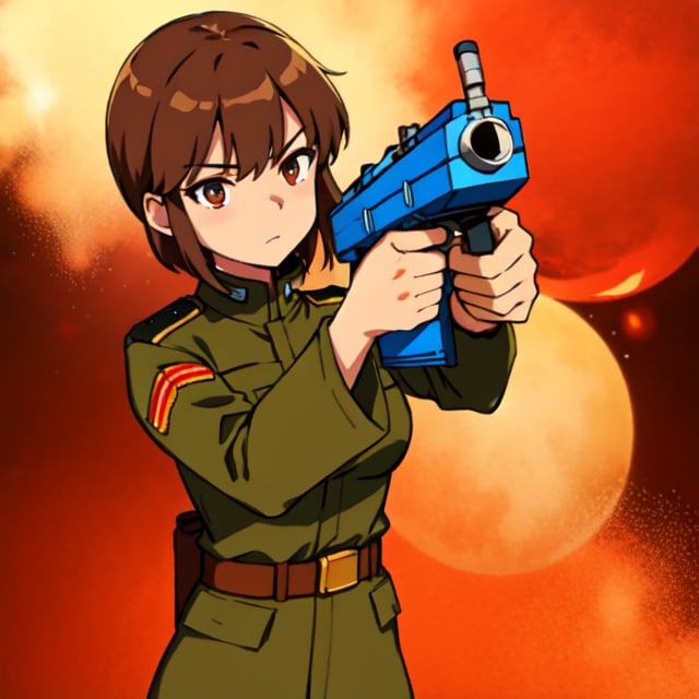 Military uniform  light brown a girl  japanese commander with a gun in hands