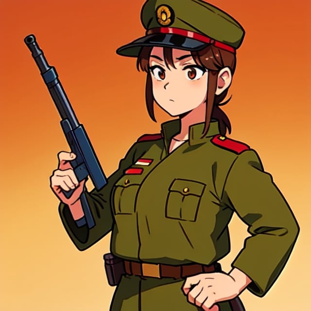 Military uniform  light brown a girl  japanese commander with a gun in hands