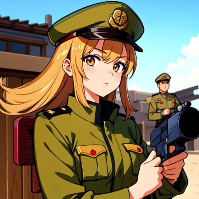 Military uniform  light brown a girl  japanese commander with a gun in hands