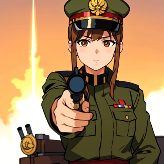 Military uniform  light brown a girl  japanese commander with a gun in hands