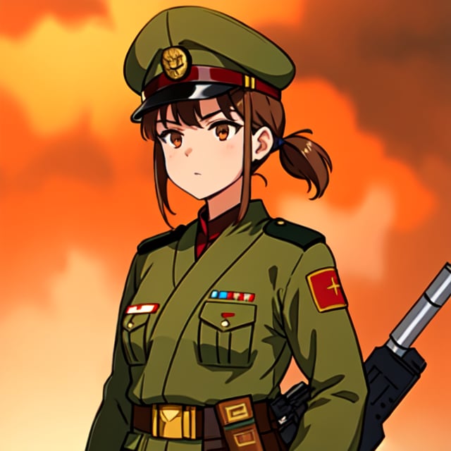 Military uniform  light brown a girl  japanese commander with a gun in hands